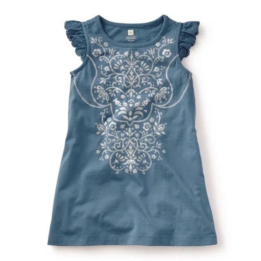 Tea Collection 'Venetian' Metallic Graphic Flutter Sleeve Dress Girls Sz 8 Blue